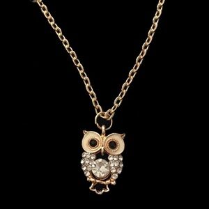 Rhinestone Owl Hand Crafted Necklace Gold Plated Chain